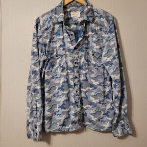 Rag & Bone Tailored Work Wear Camo Button Down Shirt Mens L Blue Snap Up